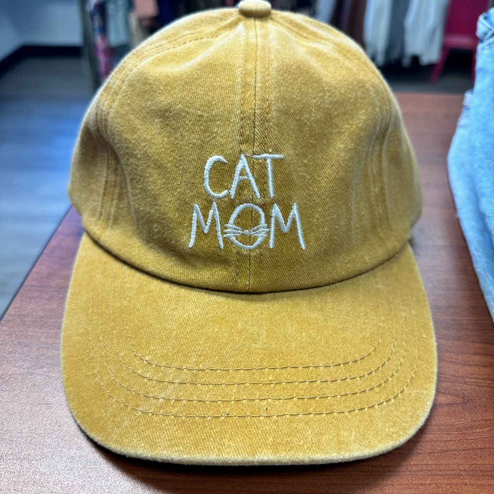Cat Mom Yellow Mustard Distressed Baseball Cap